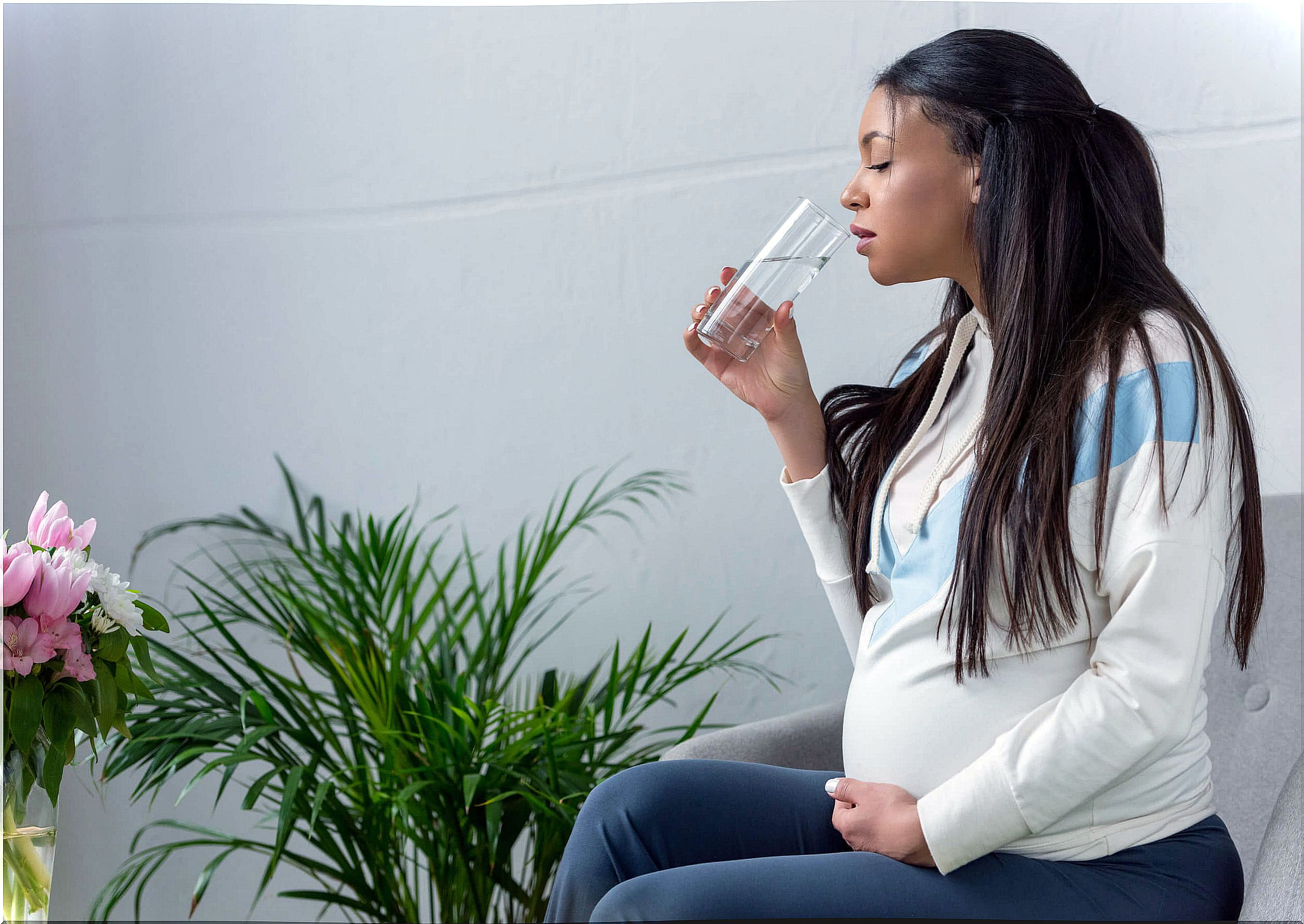 Pregnant woman drinking a glass of water.