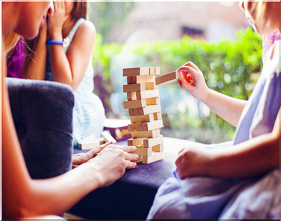 Family playing board games.