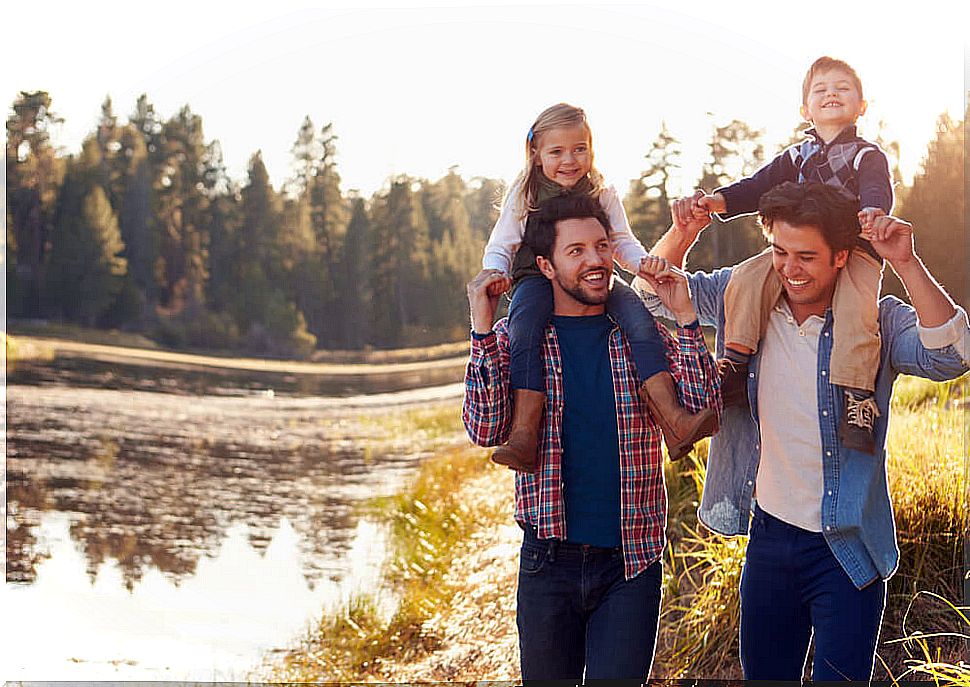 Parents taking a walk with their children and teaching them not to give up their principles.